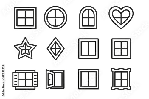 Playhouse Window Icons. Outline icon set of Playhouse window designs: square window, round window, arched window, heart-shaped