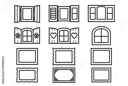 Playhouse Window Icons. Outline icon set of Playhouse window shutters and frames: wooden shutter pair, louvered shutter, solid
