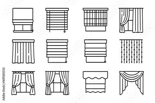 Playhouse Window Coverings Icons. Outline icon set of Playhouse window coverings: roll-up fabric shade, wooden blind, bamboo blind