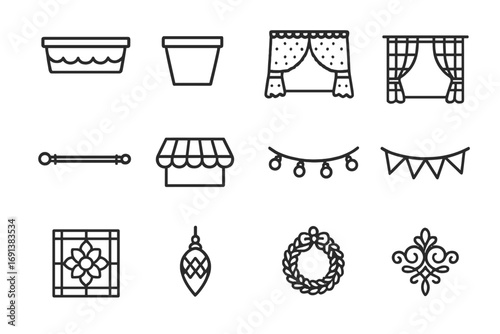 Playhouse Window Icons. Outline icon set of Playhouse window accessories: window box, flower pot, lace curtain, checkered curtain,