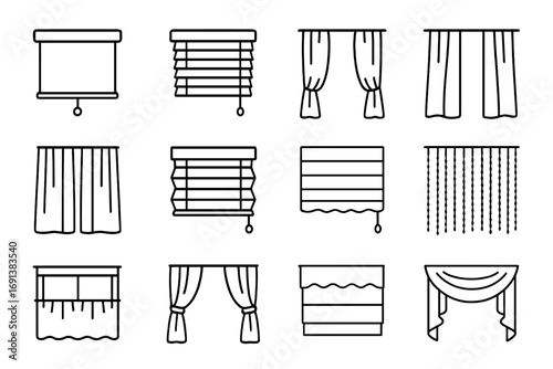 Playhouse Window Coverings Icons. Outline icon set of Playhouse window coverings: roll-up fabric shade, wooden blind, bamboo blind