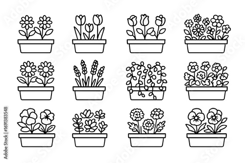 Playhouse Window Flower Icons. Outline icon set of Playhouse window flower box arrangements: daisies in box, tulips in box, roses