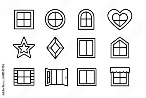 Playhouse Window Icons. Outline icon set of Playhouse window designs: square window, round window, arched window, heart-shaped