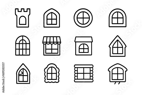 Playhouse Windows Icon Set. Outline icon set of Playhouse window shapes for creative themes: castle turret window, barn-style