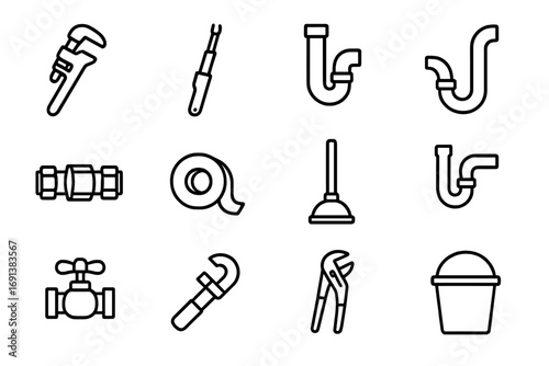 Plumbing Tools Icons. Outline icon set of Plumbing fixes: pipe wrench, basin wrench, PVC pipe, copper pipe, compression fitting,