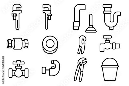Plumbing Tools Icons. Outline icon set of Plumbing fixes: pipe wrench, basin wrench, PVC pipe, copper pipe, compression fitting,