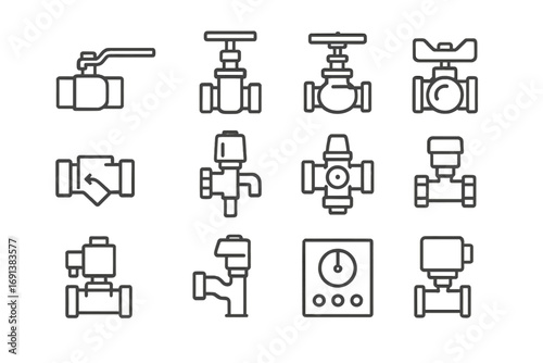 Plumbing Valves Icons. Outline icon set of Commercial plumbing valves and controls: ball valve, gate valve, globe valve, butterfly