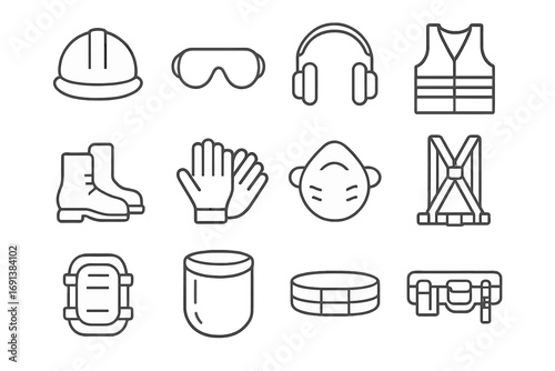 PPE Icon Set. Outline icon set of personal protective equipment for machinery operators: hard hat, safety goggles, ear muffs, high