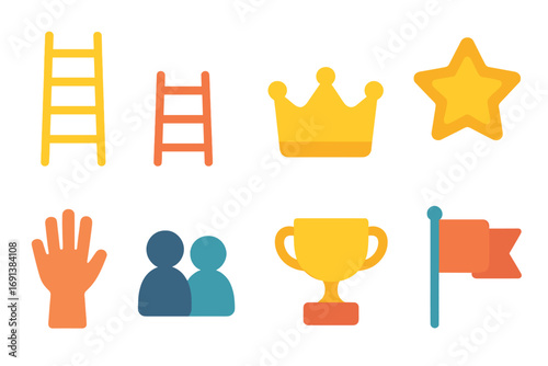 Power Ladder Icons. Flat vector mini-illustrations Hierarchical ladder of power in colors children's illustrations: tall ladder,