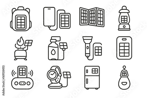 Portable Solar Device Icons. Outline icon set of portable solar devices: solar backpack, solar phone charger, foldable solar mat,