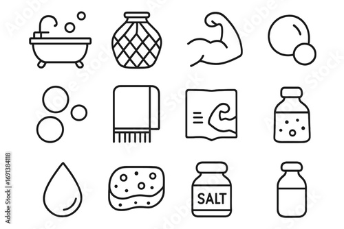 Post-Workout Soak Icons. Outline icon set of post-workout muscle soak: bathtub, ice pack, muscle icon, bubble, towel, yoga mat,