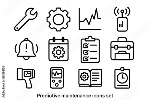 Predictive Maintenance Icons. Outline icon set of predictive maintenance: wrench, gear, anomaly chart, vibration sensor, alert