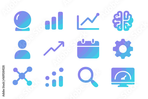 Predictive Analytics Icons. Gradient icons set of predictive analytics for hiring: crystal ball, bar chart, line graph, AI brain,
