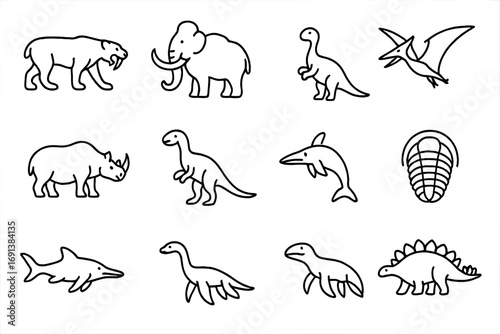 Prehistoric Icon Grid. Outline icon set of prehistoric mammals and reptiles: saber-toothed cat, mammoth, glyptodon, woolly rhino,