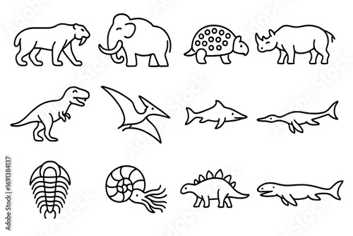 Prehistoric Icon Grid. Outline icon set of prehistoric mammals and reptiles: saber-toothed cat, mammoth, glyptodon, woolly rhino,