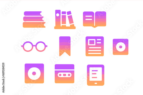 Preloved Media Icons. Gradient icons set of preloved books and media: stacked books, bookshelf, open book, reading glasses,