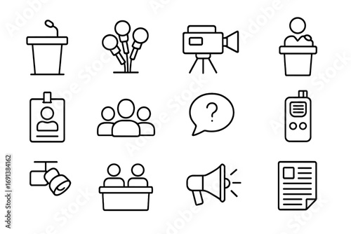 Press Conference Icons. Outline icon set of press conference: podium, microphone cluster, TV camera, speaker figure, press badge,
