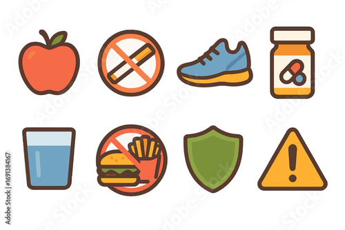 Preventive Care Icons. Flat vector mini-illustrations Preventive care vs. risk factors for organs in colors children's