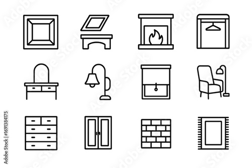 Primary Suite Icons. Outline icon set of primary suite upgrades: tray ceiling, skylight, fireplace, walk-in closet, vanity table,