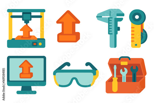 3D Printing Tools. Flat vector mini-illustrations Prototyping with 3D printer in colors children's illustrations: 3D printer,