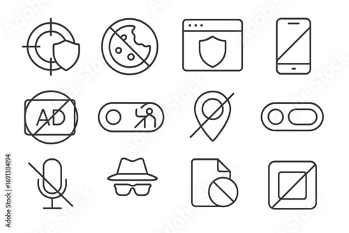 Privacy Protection Icons. Outline icon set of anti-tracking tools: crosshair with shield, no cookies symbol, browser extension