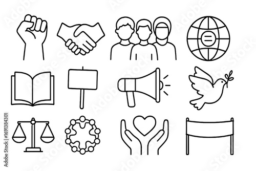 Racial Justice Icons. Outline icon set of racial justice: raised fist, handshake, diverse people, globe with equality sign, open