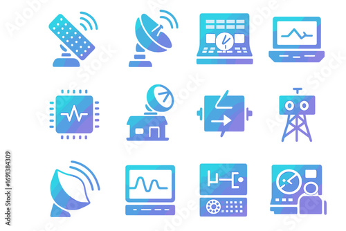 Radar Icons Gradient Set. Gradient icons set of ground-based radar networks: phased array radar, parabolic dish, control center,