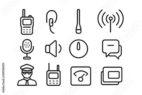 Radio Protocol Icons. Outline icon set of radio communication protocols: walkie-talkie, earpiece, antenna, signal waves,