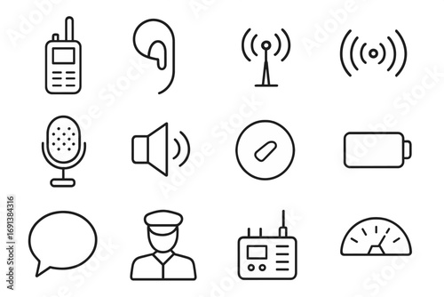 Radio Protocol Icons. Outline icon set of radio communication protocols: walkie-talkie, earpiece, antenna, signal waves,