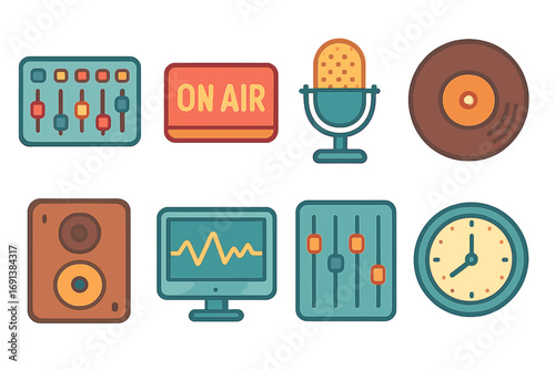 Radio Studio Icons. Flat vector mini-illustrations Radio studio control in colors children's illustrations: mixing console, on-air