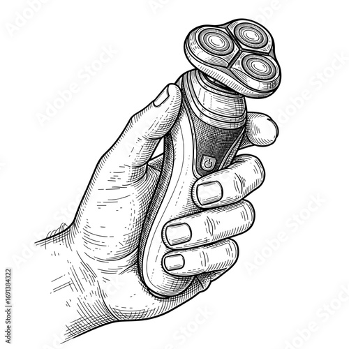 vintage sketch electric shaver in male hand illustration - hand drawn doodle black outline vector on a white background svg