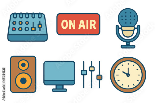 Radio Studio Icons. Flat vector mini-illustrations Radio studio control in colors children's illustrations: mixing console, on-air