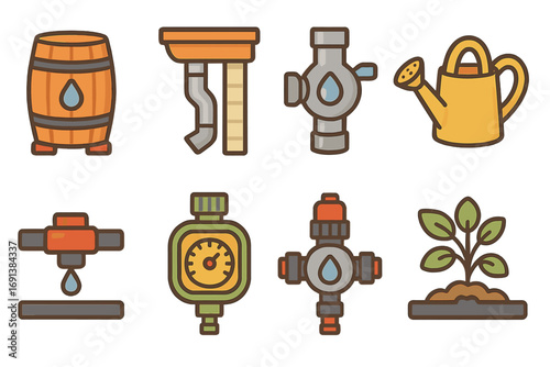 Rainwater and Irrigation Icons. Flat vector mini-illustrations Rainwater harvesting systems in colors children's illustrations: