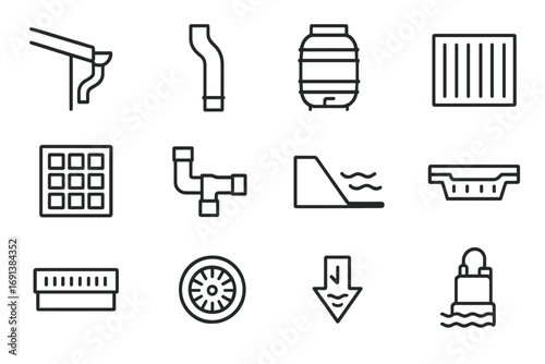 Rainwater Drainage Icons. Outline icon set of rainwater drainage system: roof gutter, downspout, rain barrel, storm drain,