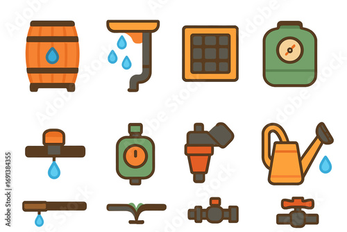 Rainwater and Irrigation Icons. Flat vector mini-illustrations Rainwater harvesting systems in colors children's illustrations: