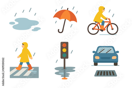 Rainy Day Icons. Flat vector mini-illustrations Rainy day intersection in colors children’s illustrations: puddles, umbrella,
