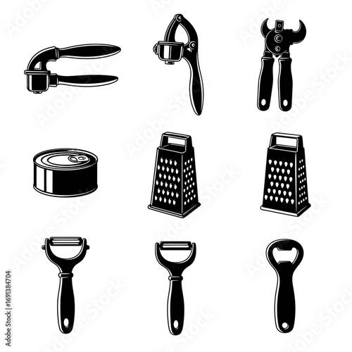 Culinary Gadgets Icon Set in Black and White Style  