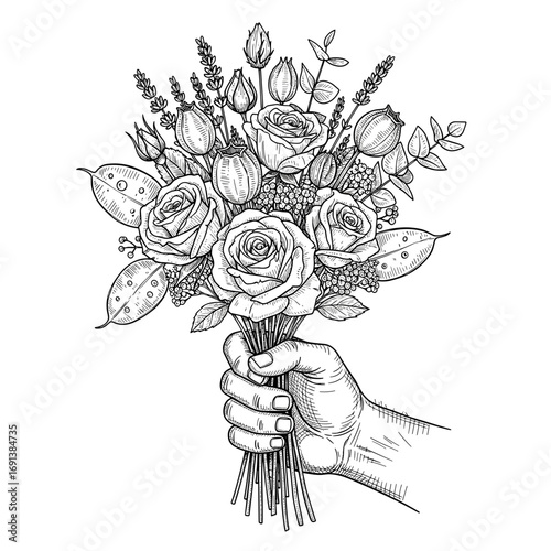 Beautiful elegant bouquet in a man’s hands – engraving sketch vector illustration.

