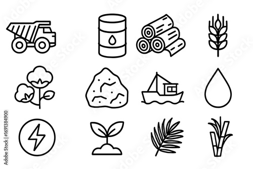 Raw Material Icons. Outline icon set of raw material sourcing: mining truck, oil barrel, lumber logs, wheat bundle, cotton plant,