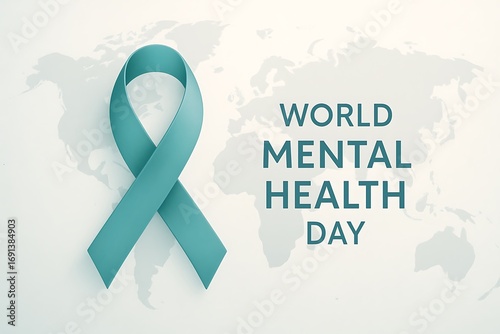 Teal awareness ribbon for world mental health day with text on a light background