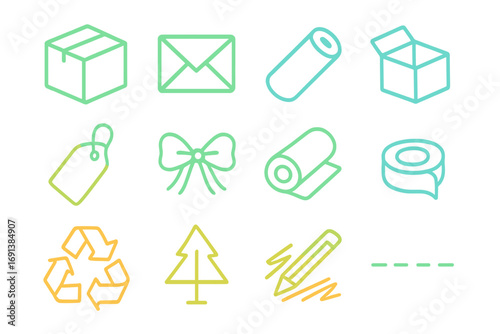 Recycled Packaging Icons. Gradient icons set of recycled paper packaging designs: corrugated box, kraft envelope, paper tube,