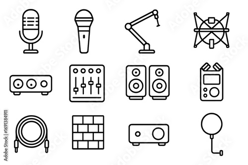 Recording Equipment Icons. Outline icon set of recording equipment: condenser mic, dynamic mic, boom arm, shock mount, audio