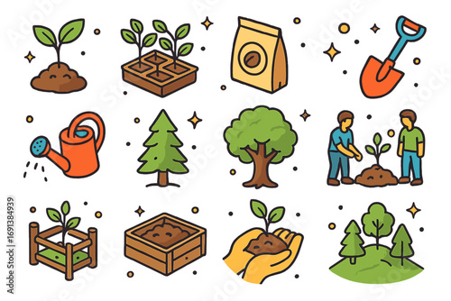 Isometric Reforestation Icons. Colorful isometric vector icons set of reforestation efforts: sapling, tree nursery, seed bag,
