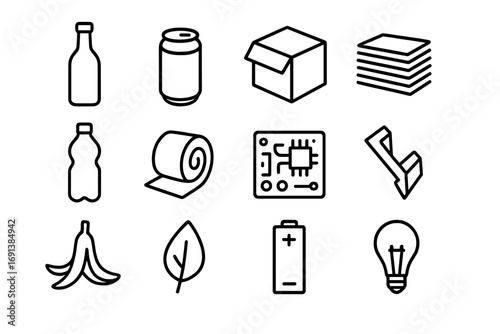 Recycling Icons Grid. Outline icon set of recycling materials: glass bottle, aluminum can, cardboard box, paper stack, plastic
