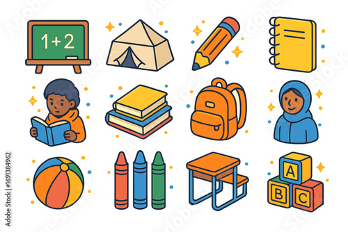 Refugee Children Education Icons. Colorful isometric vector icons set of refugee children and education: chalkboard, school tent,