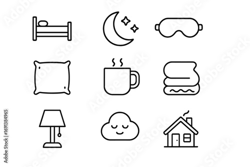 Relaxation Icon Collection. Outline icon set of rest and relaxation: bed, moon and stars, sleep mask, pillow, hot cocoa mug,