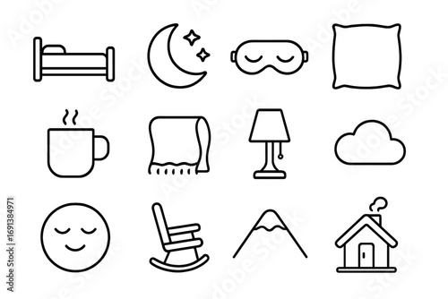 Relaxation Icon Collection. Outline icon set of rest and relaxation: bed, moon and stars, sleep mask, pillow, hot cocoa mug,