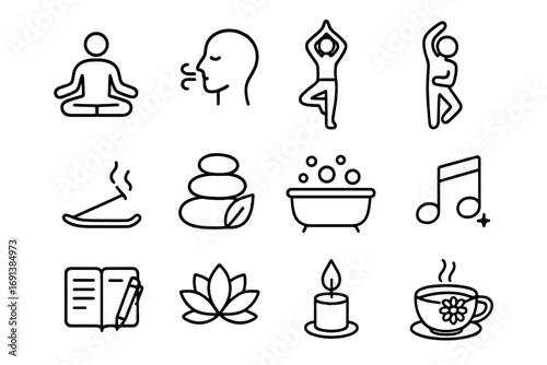Relaxation Icons Grid. Outline icon set of relaxation techniques before sleep: meditation figure, breathing icon, yoga pose,