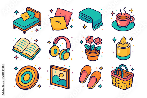 Isometric Relaxation Icons. Colorful isometric vector icons set of relaxation by the window: daybed, plush pillows, throw blanket,