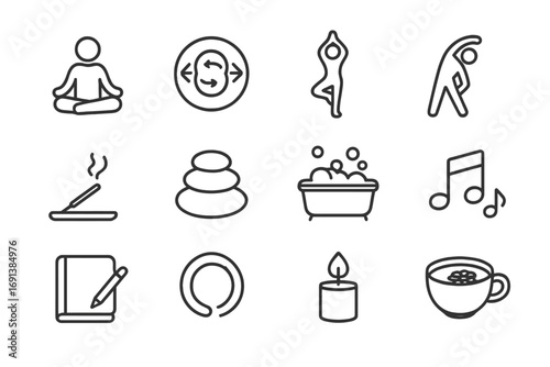 Relaxation Icons Grid. Outline icon set of relaxation techniques before sleep: meditation figure, breathing icon, yoga pose,
